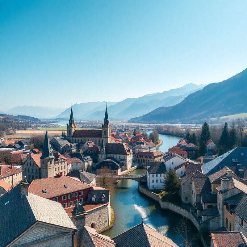 Pogled na staro mestno jedro Kranja z Julijskimi Alpami v ozadju