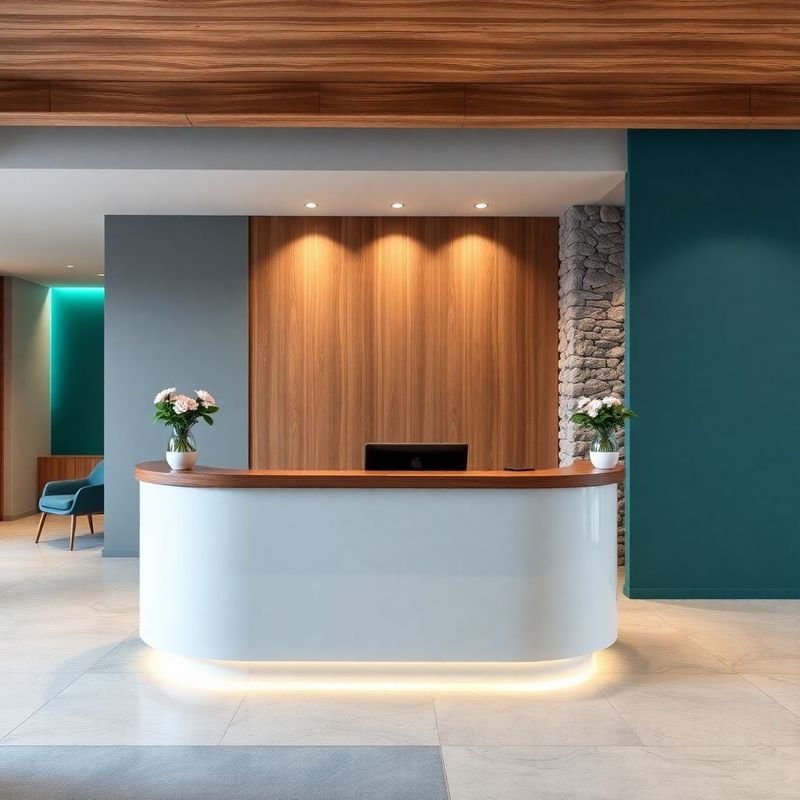 Recepcija pisarne Kovačič & Kovačič s toplimi tonovi in kamnitim detajlom